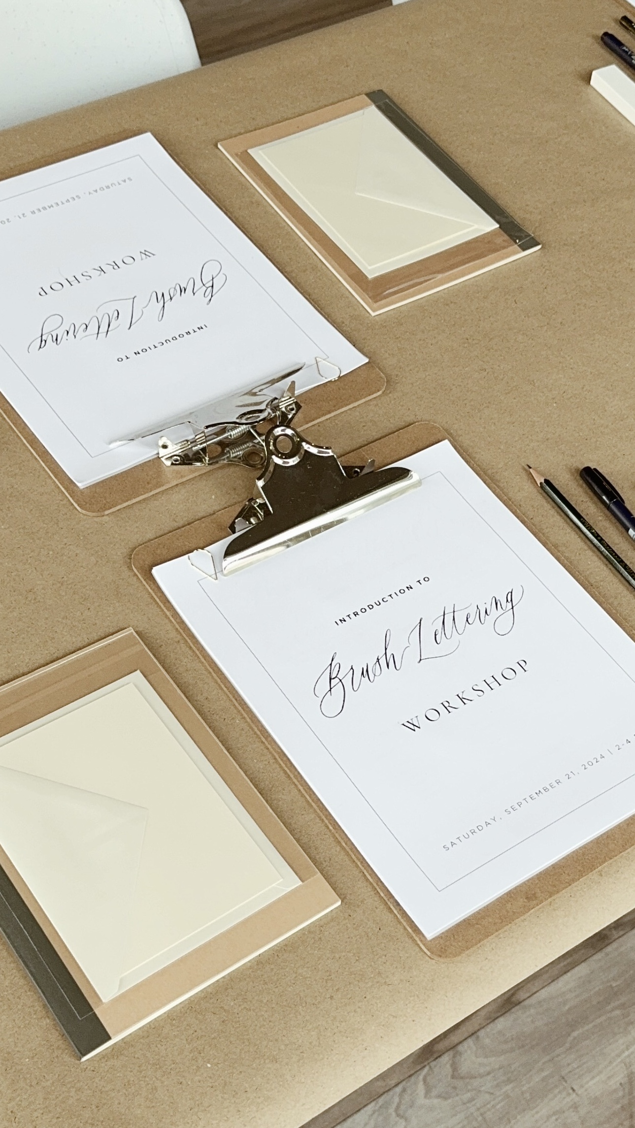 A clipboard with custom calligraphy paper