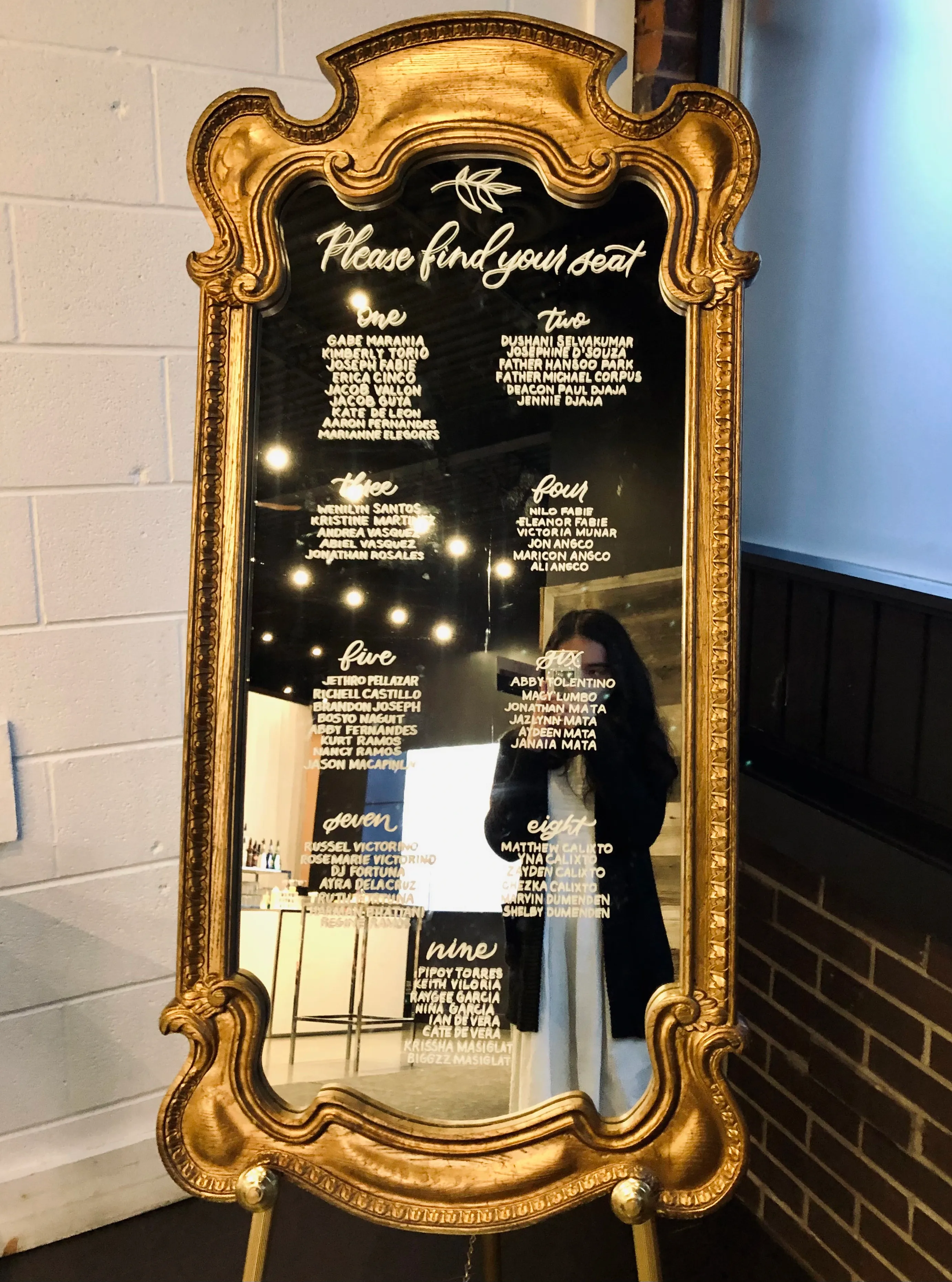 Custom seating chart on a stand alone mirror